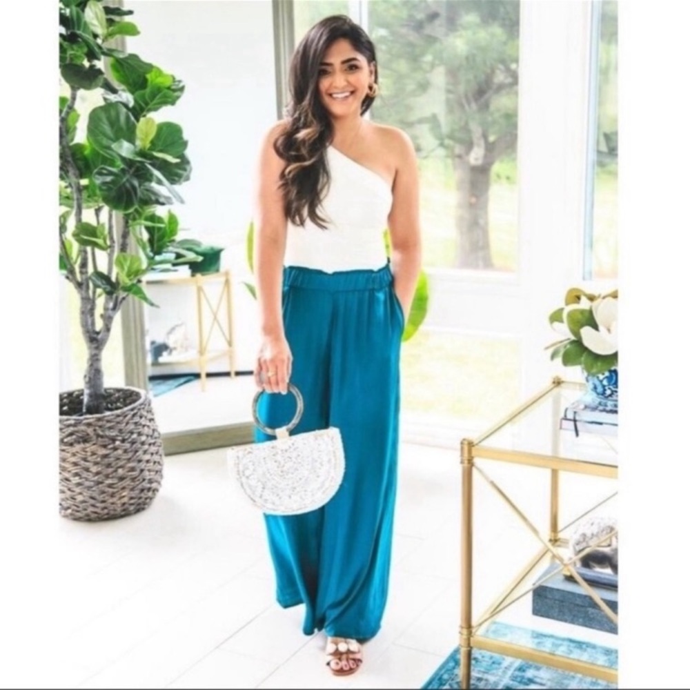 Summersalt Wide Leg Palazzo Satin Pants in Seaweed Teal